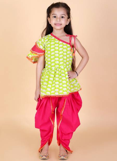 Green And Pink Colour KID1 Mira Frilly Festive Wear Sleeves Peplum Top with Dhoti Girls Collection K22DG176GRPI